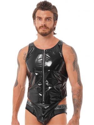 iEFiEL Mens Glossy Patent Leather Bodysuit Clubwear Sleeveless U Neck Wet Look Leotard Swimwear 