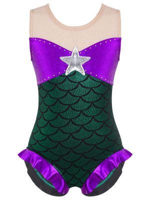 iEFiEL Girls Sleeveless Star Fish Scales Printed Ballet Dance Leotard Bow Ruffled Trim Performance Bodysuit