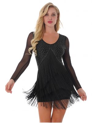 iEFiEL Womens Mesh Long Sleeve Tassel Dance Dress Sparkly Rhinestone Fringed Dress Ballroom Dancing Costume