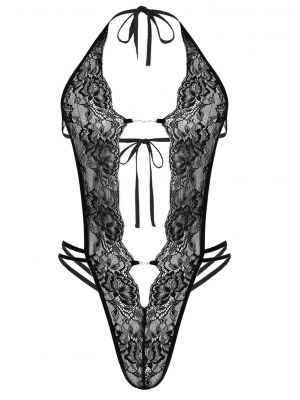 iEFiEL Mens Sissy Deep V Sheer Floral Lace Bodysuit Lace-up Backless Leotard Crossdress Sleepwear