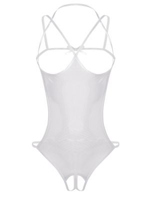 Women See-through Mesh Crotchless Halter Backless Bodysuit