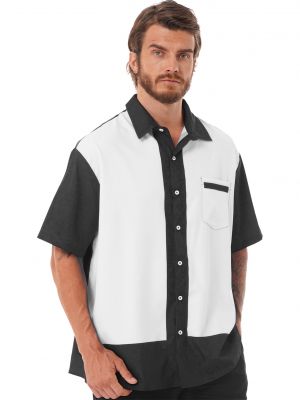 iEFiEL Mens Color Block Short Sleeve Shirt Casual Turn-Down Collar Button Tops Vacation Beachwear