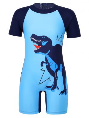 iEFiEL Kids Boys One-piece Jumpsuit Swimwear Short Sleeves Zipper Cartoon Dinosaur Shark Print Beach Bathing Suit 