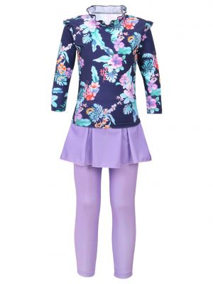 iEFiEL Big Little Toddler Girls Long Sleeves Floral Print Swimsuit Mock Neck Tops with Attached Skirt Pants Set Swimwear