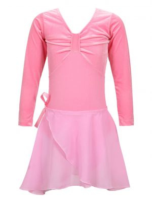 iEFiEL Kids Girls Velvet Ballet Dance Outfit Long Sleeve Knot Front Leotard with Lace-up Veil Skirt for Gymnastic Performance