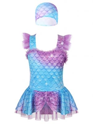 iEFiEL Kids Baby Little Girls Mermaid Fish Scales Print Swimming Suit Cross Straps Open Back Bodysuit Swimwear with Hat