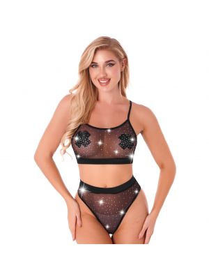 iEFiEL Womens Sparkling Rhinestone Sheer Mesh Lingerie Set Swimsuit Adjustable Spaghetti Straps Crop Top with Briefs