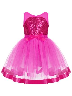 iEFiEL Kids Girls Sleeveless Sparkling Sequins Dance Dress Bowknot Waist Mesh Tutu Dance Costume