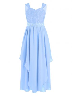 iEFiEL Kids Girls Floral Lace Bodice Party Dress Chiffon V-Shaped Back Cascading Ruffle Birthday Evening Dress with Beaded Sash