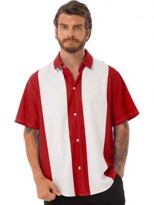 iEFiEL Mens Casual Retro Short Sleeve Shirt Turn-Down Collar Color Block Button Tops