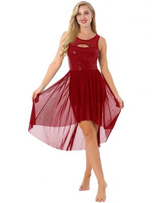 iEFiEL Womens Sparkling Sequined Sheer Mesh Lyrical Dance Dress Asymmetrical Hem Leotard Dresses
