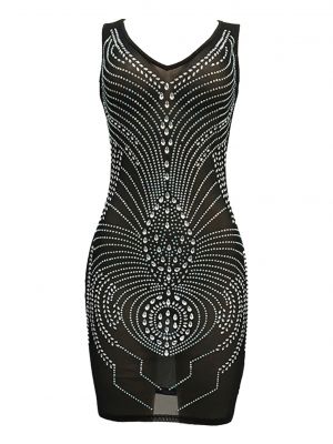 iEFiEL Womens V Neck Sleeveless See-through Mesh Dress with Faux Shiny Diamonds for Club Performance 