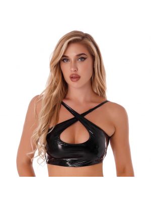 iEFiEL Womens Wetlook Backless Crop Top Patent Leather Criss Cross Keyhole Camisole Clubwear