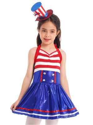 iEFiEL Kids Girls Navy Halloween Costume Adjustable Halter Neck Striped Pleated Dress for Dress Up Performance