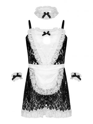 iEFiEL Mens Sissy Maid Cosplay Outfit See-through Floral Lace Dress with Apron Neck Ring Wristband