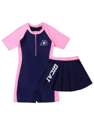 iEFiEL Kids Girls Two Piece Swimwear Short Sleeves Zipper Short Jumpsuit with Skirt Set Holiday Beach Swimsuit
