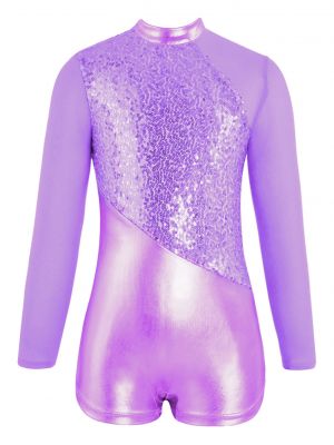 iEFiEL Big Girls Sparkling Sequins Dance Clothing Metallic Long Sleeve Mesh Patchwork Zipper Back Ballet Dance Leotard 