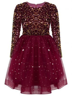 iEFiEL Kids Girls Shiny Sequin Velvet Tulle Party Dress Long Sleeve Multi-Layer A-Line Dress for Christmas New Year