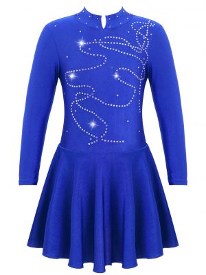 iEFiEL Big Girls Long Sleeve Sparkling Rhinestone Skating Dance Dress Invisible Zipper Back Dress Dancewear