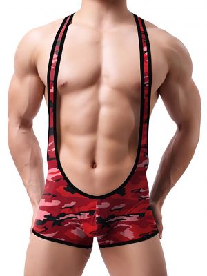 iEFiEL Mens Bulge Pouch Jumpsuit One-piece Camouflage Print Shoulder Straps Bodysuit Wrestling Underwear