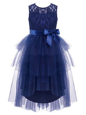 iEFiEL Kids Girls Satin Floral Lace Bodice Tiered Tulle Dress Sleeveless Bow High-Low Hem Wedding Birthday Party Dress