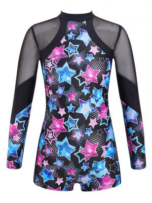 iEFiEL Big Girls Long Sleeves Mesh Patchwork Dance Bodysuit Stars Print Gymnastics Workout Jumpsuit