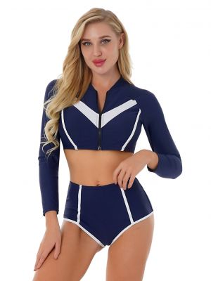 iEFiEL 2Pcs Women Mock Neck Long Sleeves Swimming Suit Front Zipper Colorblock Tops with Shorts Set