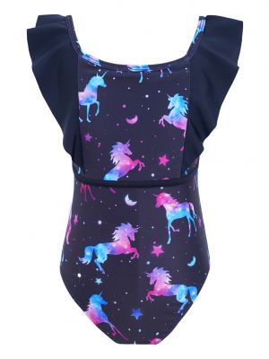 iEFiEL Kids Girls Cartoon Horse Print Ruffle Trim Swimwear One-piece Adjustable Straps Sleeveless Swimming Jumpsuit