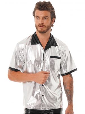 iEFiEL Mens Metallic Short Sleeve Shirt Shiny Notched Collar Button Down Shirt for Nightclub Party 