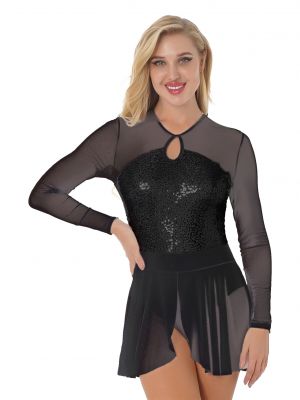 iEFiEL Womens Glitter Sequins Split Dance Dress See-through Mesh Long Sleeve Asymmetrical Hem Dancewear