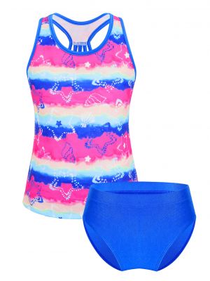 iEFiEL Girls 2pcs Swimwear Racer Open Back Cartoon Print Vest Tops with Briefs Swimming Suit 