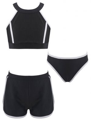 iEFiEL Kids Girls 3Pcs Swimming Suit Crop Vest with Briefs and Shorts Set Swimwear Bathing Suit
