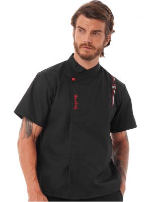 iEFiEL Mens Chef Coat Cook Uniform Letter Embroidery Short Sleeve Jacket Tops for Restaurant Kitchen