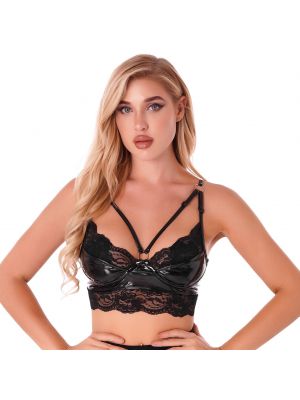 iEFiEL Womens Patent Leather Wireless Bra Top Camisole Floral Lace Trim Adjustable Straps Crop Top