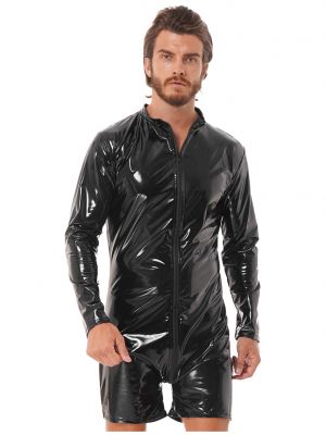 iEFiEL Mens Wet Look Patent Leather Bodysuit Romper Long Sleeve Zipper Jumpsuit Club Stage Costume