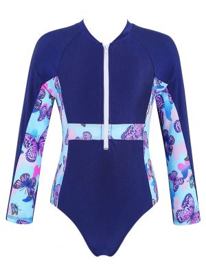 iEFiEL Big Girls One-piece Swimming Jumpsuit Floral Butterfly Print Bodysuit Long Sleeves Front Zipper Swimwear