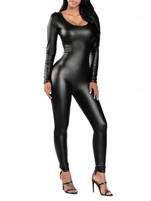 iEFiEL Womens Faux Leather Long Sleeve Jumpsuit Invisible Zipper Bodysuit Party Clubwear