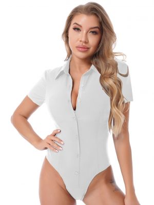 iEFiEL Womens Casual Solid Color Blouse Short Sleeve Button Down Bodysuit for Office Daily Wear
