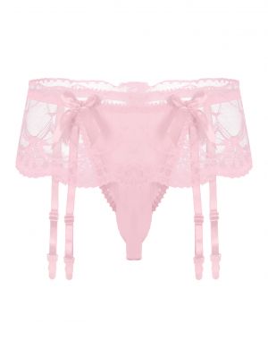 iEFiEL Mens Sissy Bulge Pouch Lace Skirted G-string Sheer Bowknot T-back with Garter Belt Thong Underwear 