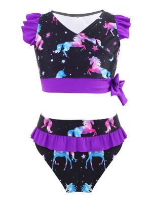 iEFiEL Big Little Girls V Neck Two Piece Swimsuit Cartoon Horse Print Ruffle Trim Tops with Bottoms Swimwear