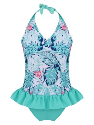 iEFiEL Kids Girls Halter Neck One-Piece Swimwear Open Back Print Ruffle Trim Beach Bathing Swimwear