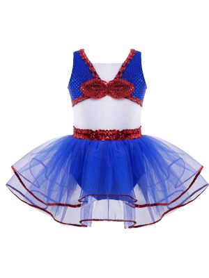iEFiEL Kids Girls Navy Costume Shiny Sequins Bow Mesh Leotard Dress for Cosplay Dress Up Performance