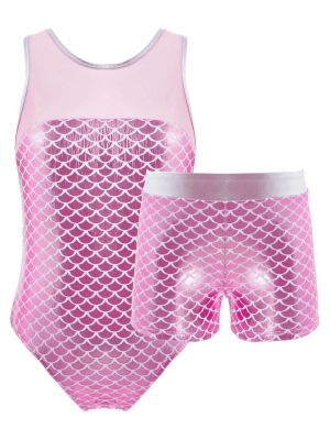 iEFiEL Girls Sleeveless Mesh Patchwork Fish Scales Print Leotard and Shorts Set Sportswear for Gymnastic Yoga