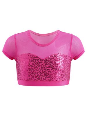 iEFiEL Kids Girls Mesh Short Sleeve Dance Crop Top Sequins Decor Patchwork Style Tank Tops 
