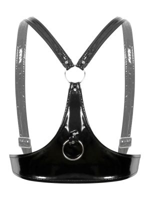 Women Patent Leather Open Cup O Ring Adjustable Straps Bras