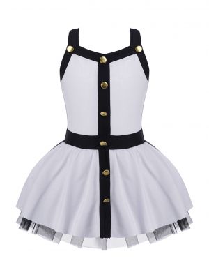 iEFiEL Kids Girls Wide Shoulder Straps Dance Dress Button Decorated Tutu Mesh Dance Outfit 