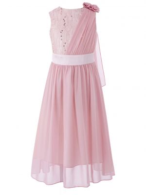iEFiEL Kids Girls 3D Applique Chiffon Birthday Party Dress Sleeveless Shiny Sequin Lace Bodice A-Line Wedding Dress