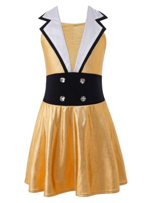 iEFiEL Girls Bronzing Cloth Turndown Collar Dance Outfit Sleeveless Rhinestone Dance Dress