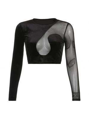 iEFiEL Womens See-through Mesh Patchwork Velvet T-Shirt Long Sleeve Crop Top