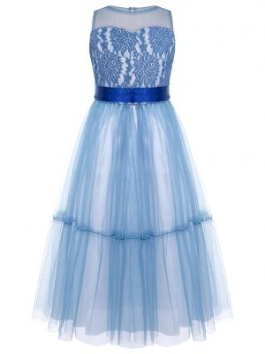 iEFiEL Girls Lace Bodice Tulle Wedding Dress Sleeveless Fluffy Hem Birthday Party Dress with Satin Sash